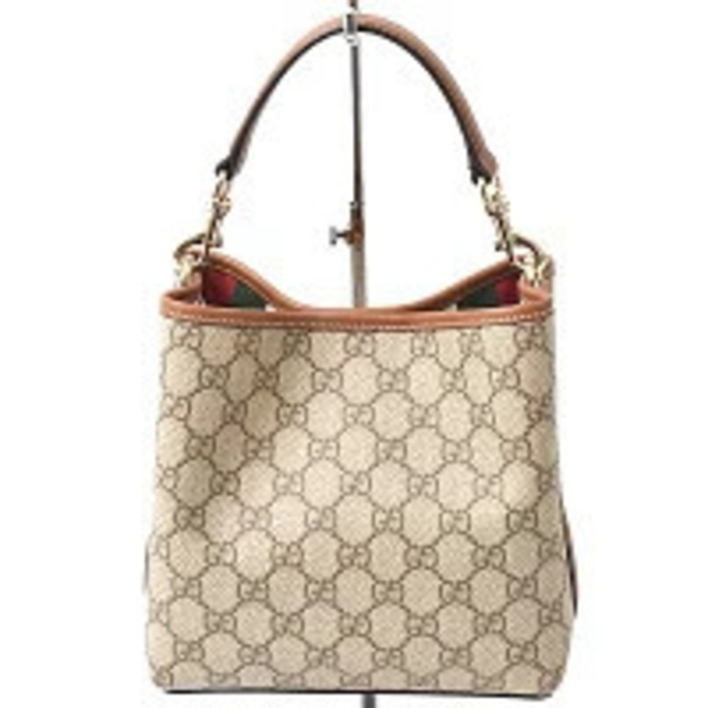 Gucci Tote Bag Shoulder GG Bucket Beige Emblem